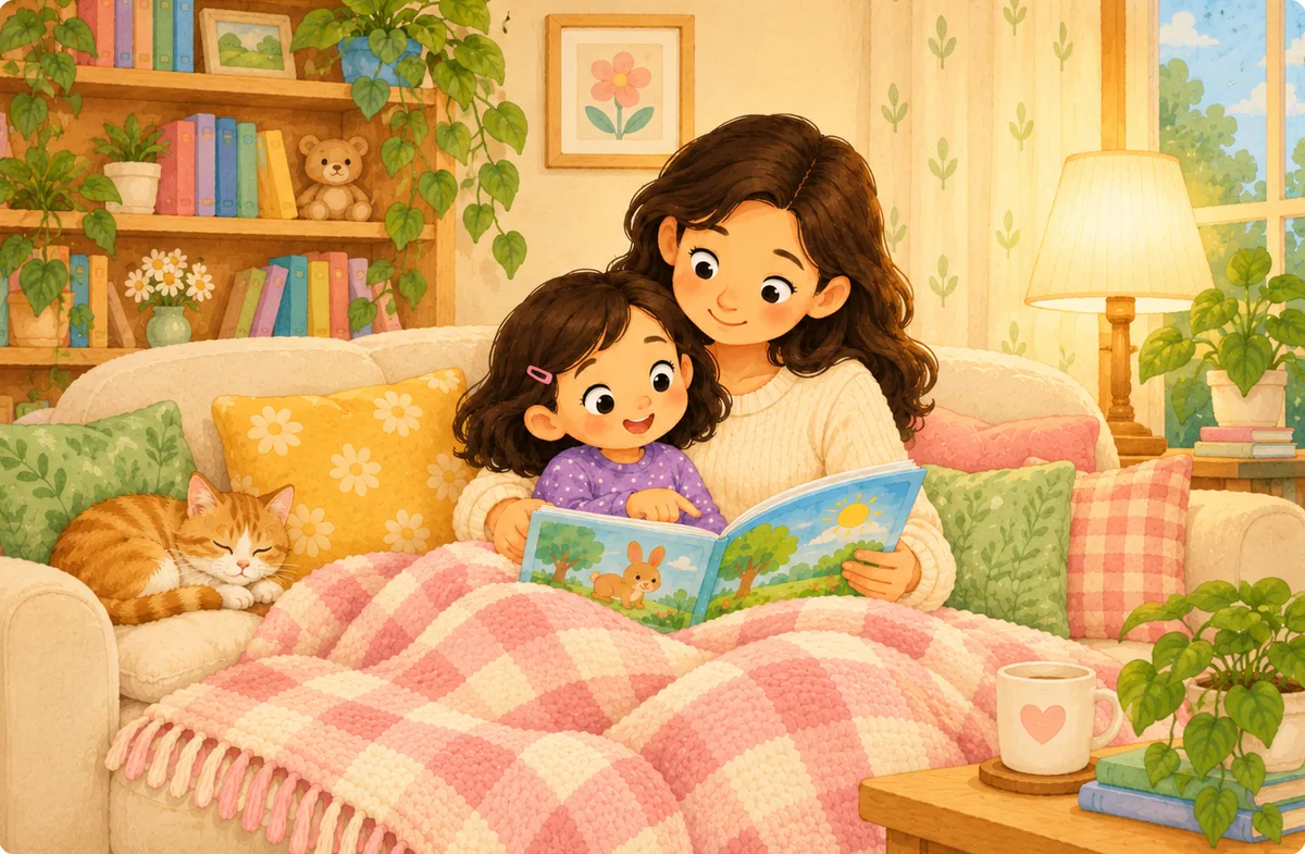 Illustration of a mother and her young daughter snuggled under a pink checked blanket on the sofa, reading a picture book about a rabbit while a cat sleeps beside them