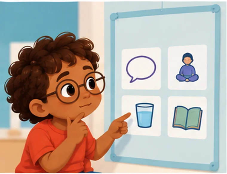 Child pointing at a picture communication board