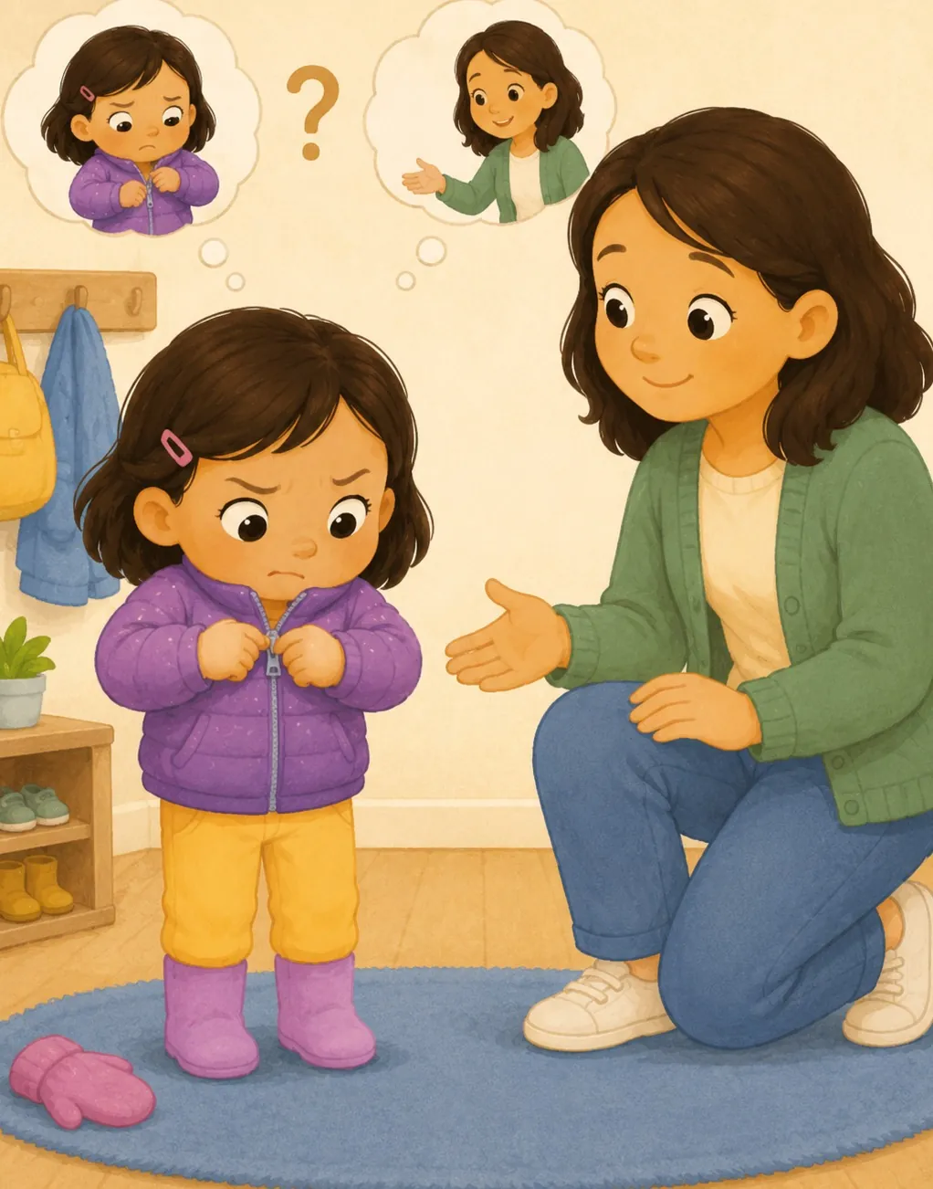 Illustration of a parent kneeling down to help a child work through an upset feeling
