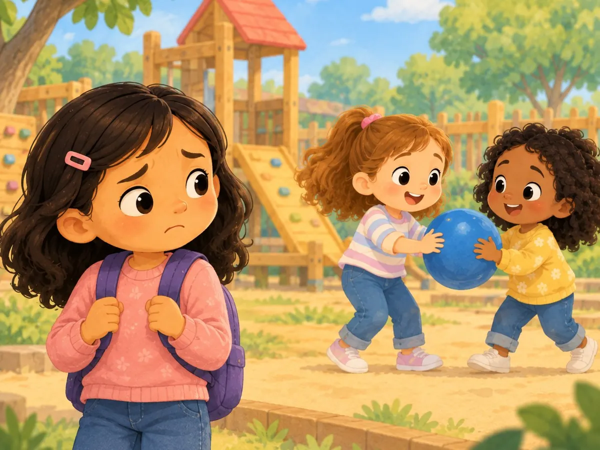 Maria stands at the edge of the playground with her backpack on, watching two children play with a blue ball.