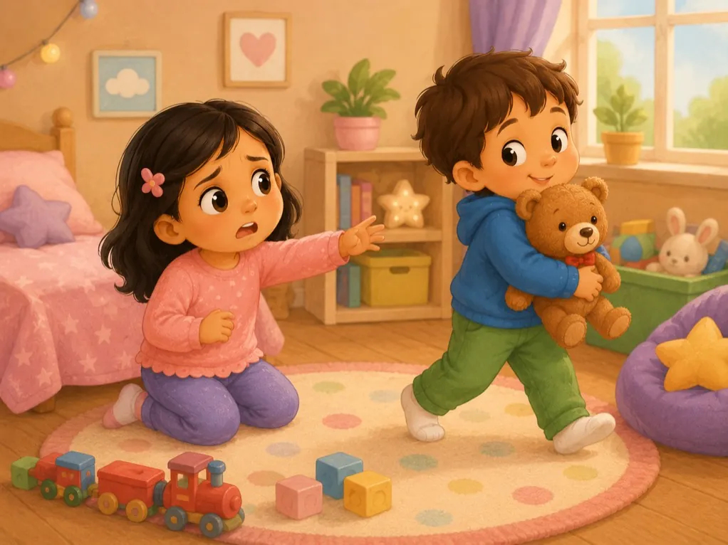 Illustration of two siblings in conflict over a toy